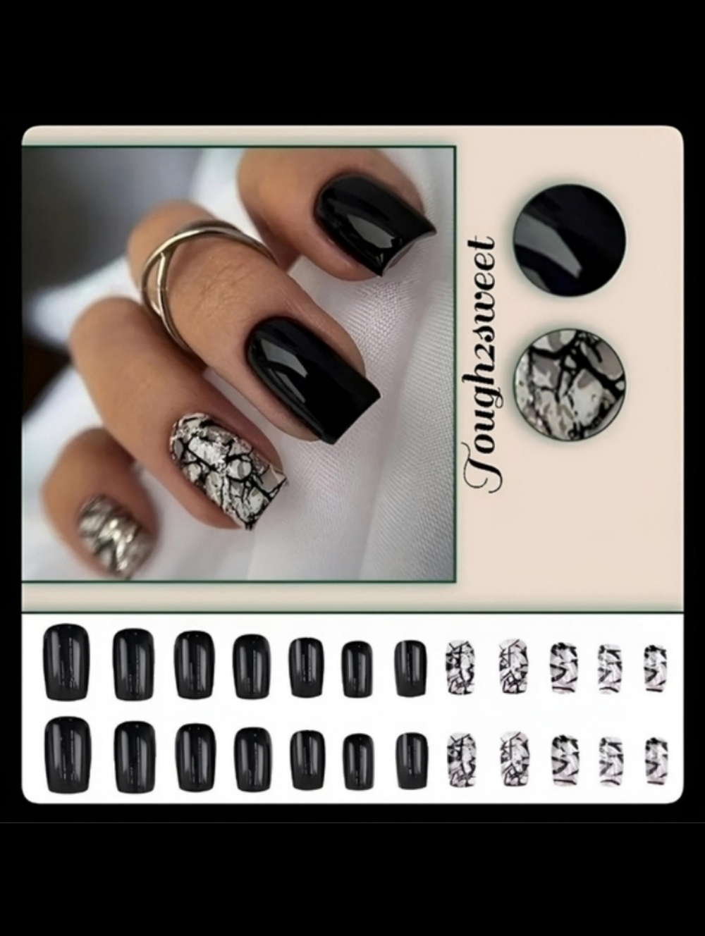🆕$6 OR 2 FOR $10~BLACK & SILVER METEORITE 24 DESIGNER MEDIUM PRESS ON NAILS